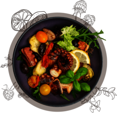 Antipastiteller mit gegrilltem Oktopus auf Salat